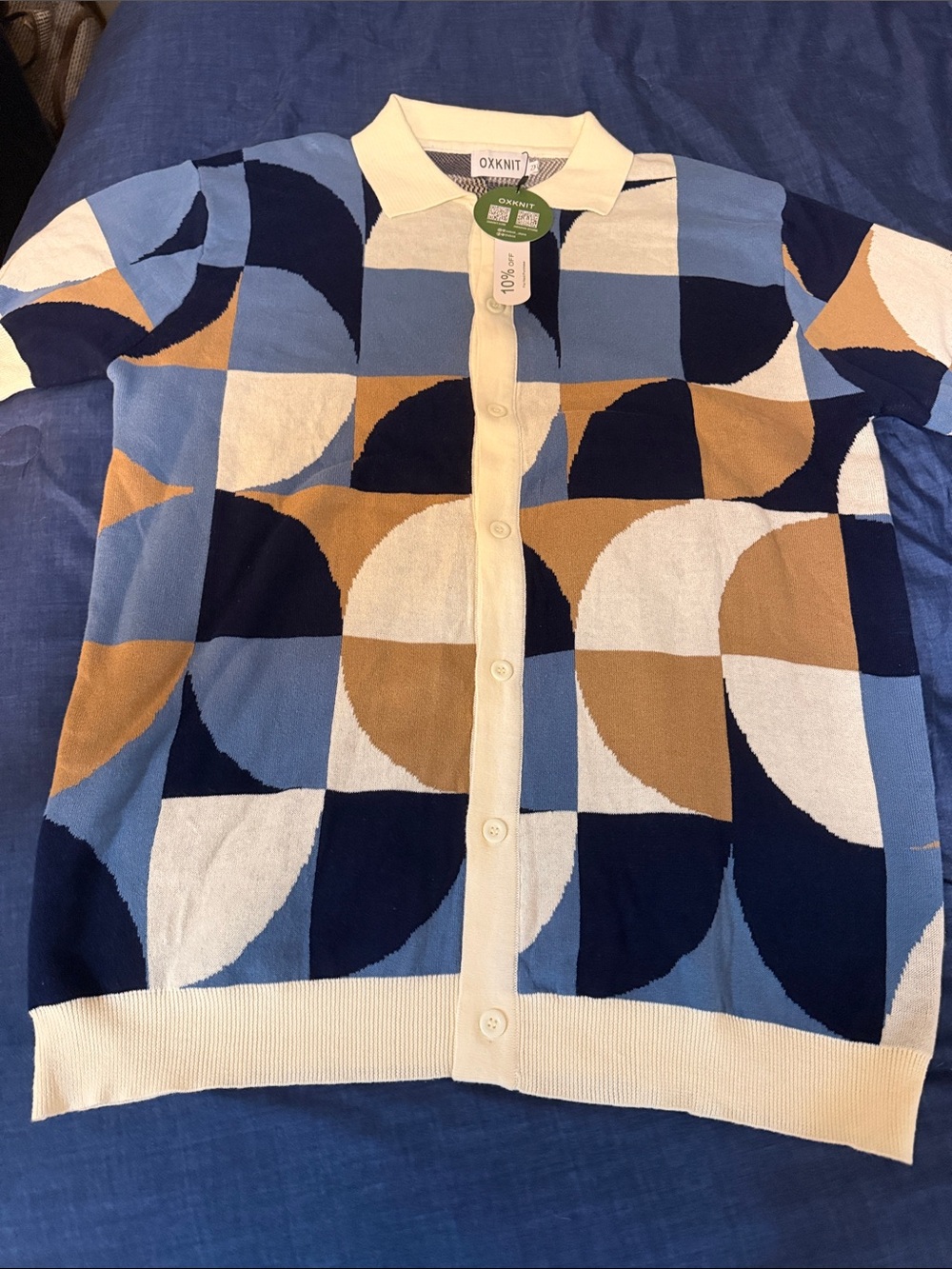 OXKNIT Men’s Blue & Tan Geometric Button Cardigan